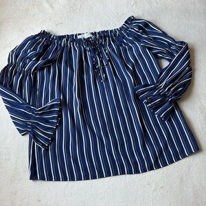 WAYF Navy Striped Off the Shoulder Blouse Small